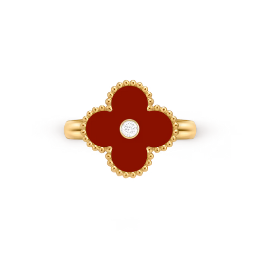 Vintage Alhambra ring, 18K yellow gold, carnelian, round diamond