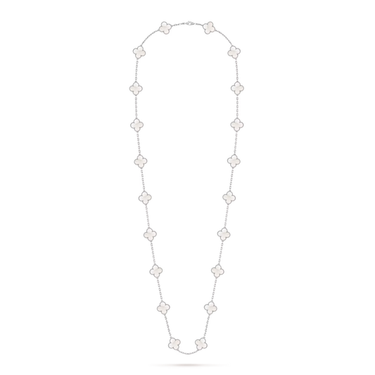 Vintage Alhambra long necklace, 20 motifs, rhodium plated 18K white gold, white mother-of-pearl.