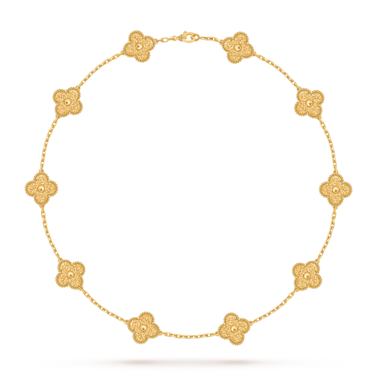Vintage Alhambra necklace, 10 motifs, textured 18K yellow gold.