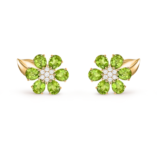 Fleurs d’Hawaï earrings, small model, 18K yellow gold, peridots, round diamonds.