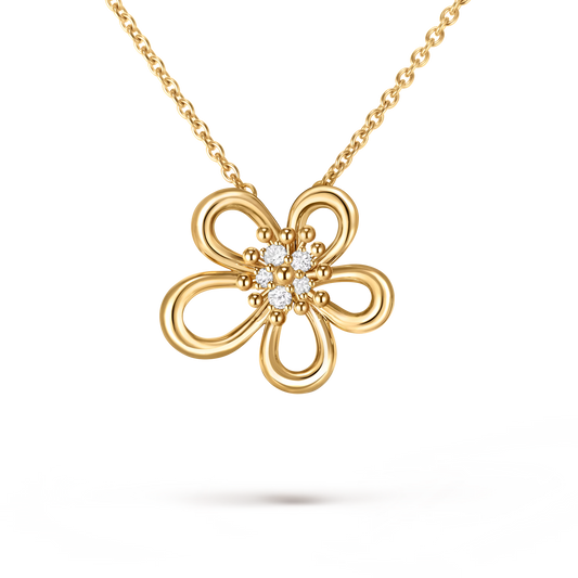Flowerlace pendant, small model, yellow gold, round diamonds.