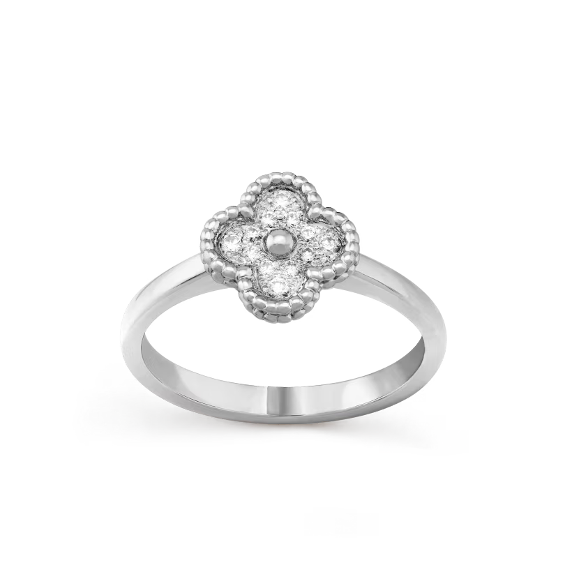 Sweet Alhambra ring, rhodium plated 18K white gold, round diamonds