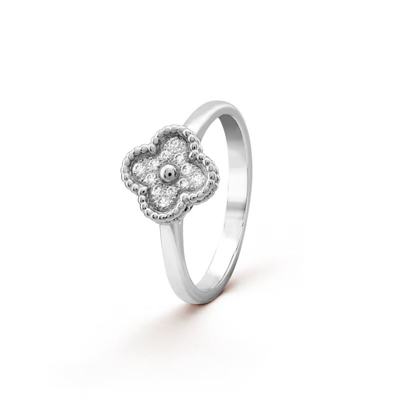 Sweet Alhambra ring, rhodium plated 18K white gold, round diamonds