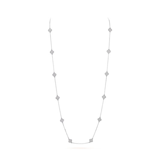Sweet Alhambra long necklace, 16 motifs, rhodium plated 18K white gold, round diamonds