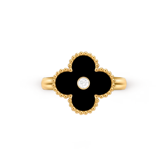 Vintage Alhambra ring, 18K yellow gold, onyx, round diamond