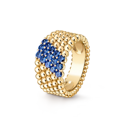 Perlée couleurs ring, 5 rows, 18K yellow gold, round sapphires.