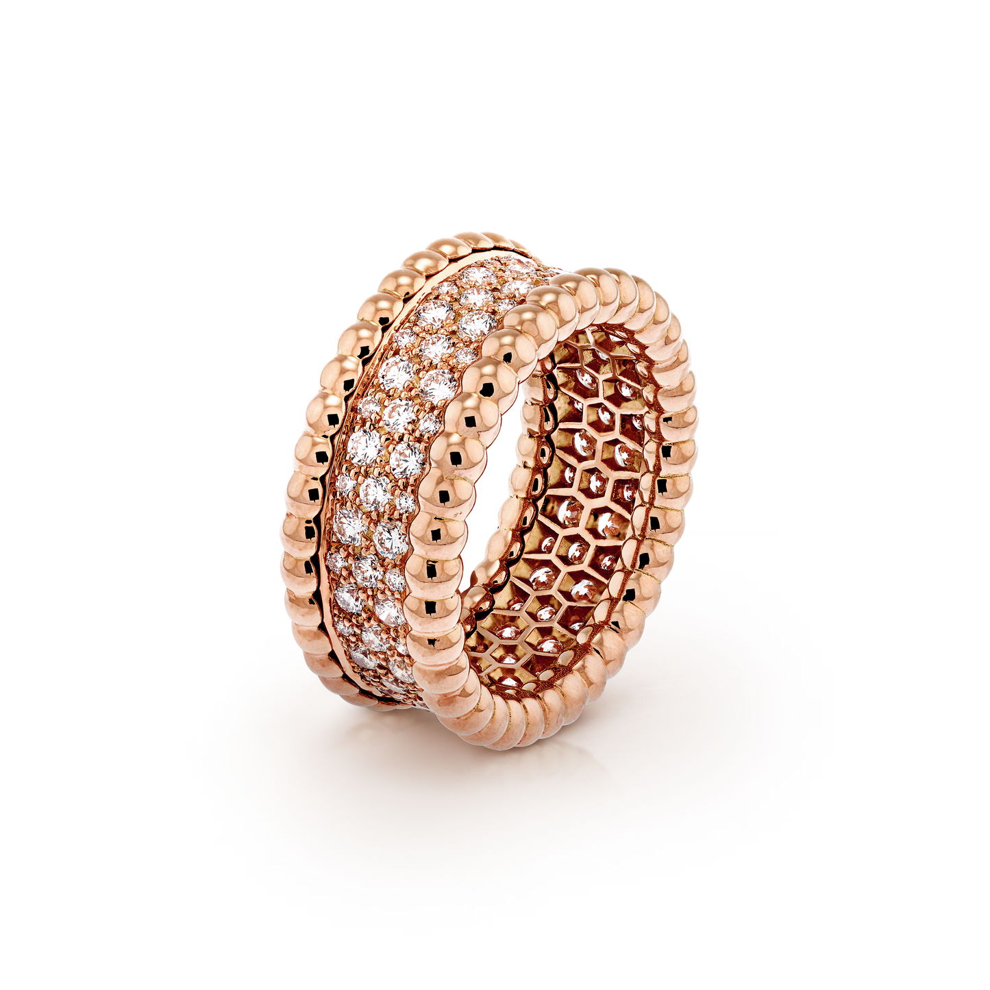 Perlée diamonds ring, 3 rows, 18K rose gold, round diamonds.