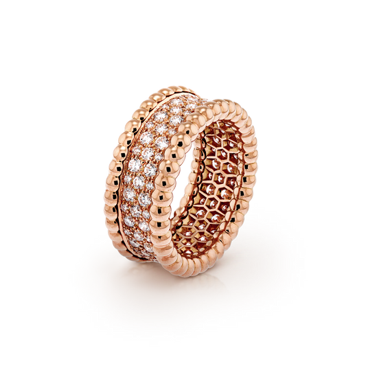 Perlée diamonds ring, 3 rows, 18K rose gold, round diamonds.