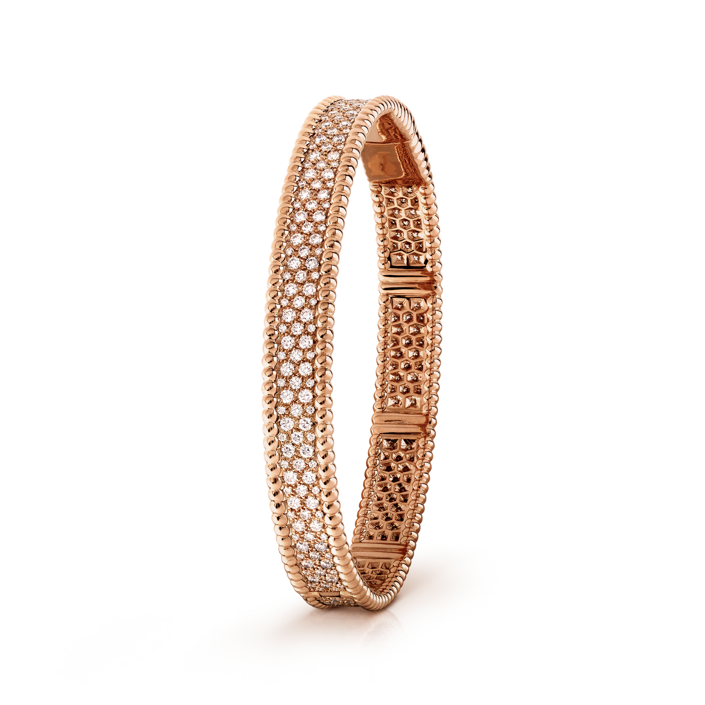 Perlée diamonds bracelet, 3 rows, 18K rose gold, round diamonds, medium model.