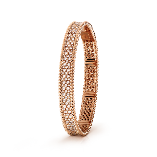 Perlée diamonds bracelet, 3 rows, 18K rose gold, round diamonds, medium model.