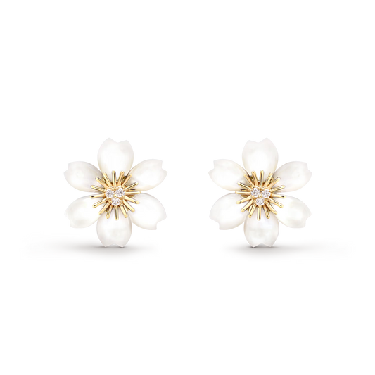 Rose de Noël earrings, mini model, 18K yellow gold, white mother-of-pearl, round diamonds.