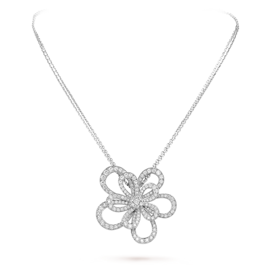 Flowerlace clip and pendant. Rhodium plated 18K white gold, diamonds.