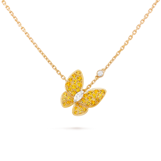 Two Butterfly pendant, 18K yellow and white gold, rhodium plated, round and marquise-cut diamonds