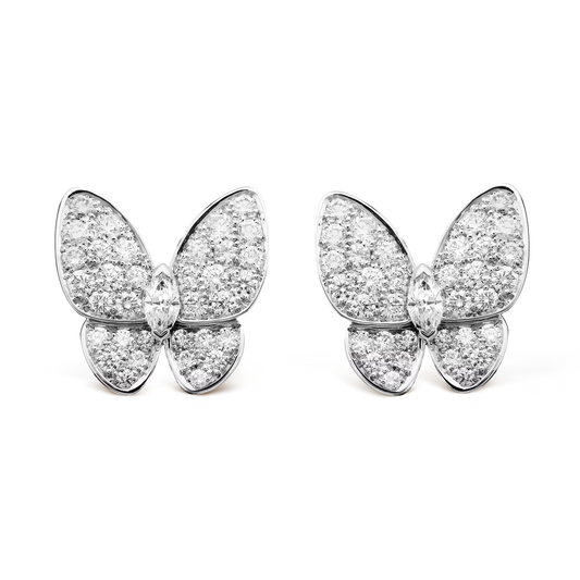 Two Butterfly earrings, rhodium plated 18K white gold, round and marquise-cut diamonds.