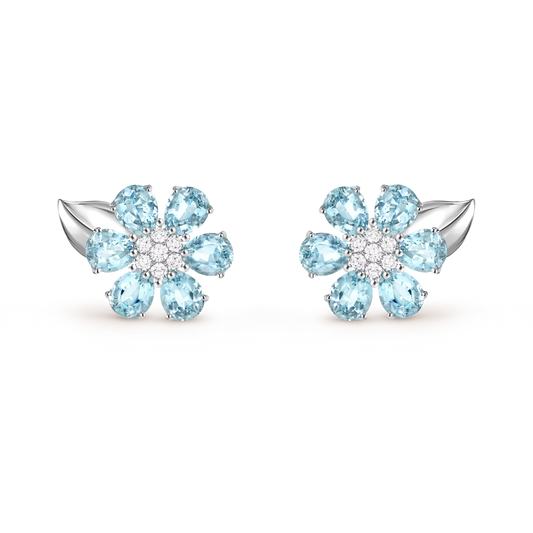 Fleurs d’Hawaï earrings, small model, 18K white gold, aquamarines, round diamonds.