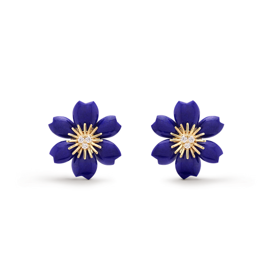 Rose de Noël earrings, mini model, 18K yellow gold, lapis lazuli, round diamonds.