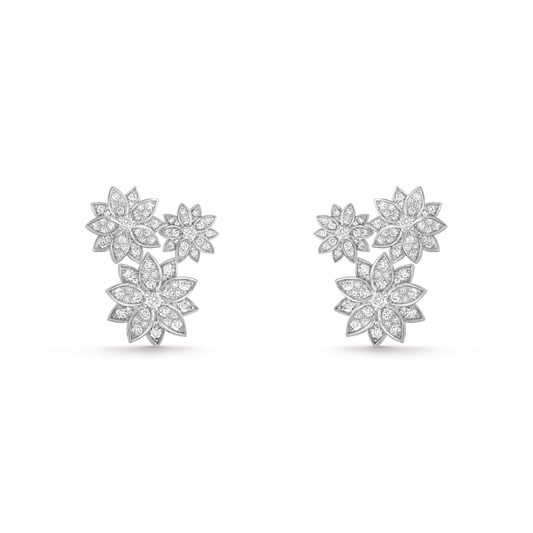 Lotus earrings, 3 flowers, rhodium plated 18K white gold, round diamonds.