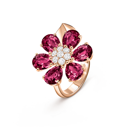 Fleurs d’Hawaï ring, large model, 18K rose gold, rhodolites, round diamonds.