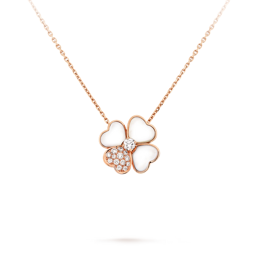 Cosmos medium model clip pendant, 18K rose gold, white mother-of-pearl, round diamonds.