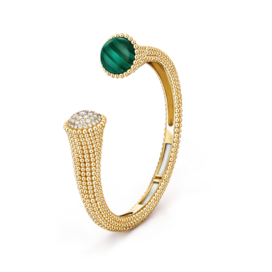 Perlée couleurs bracelet, 18K yellow gold, malachite, round diamonds, medium model.