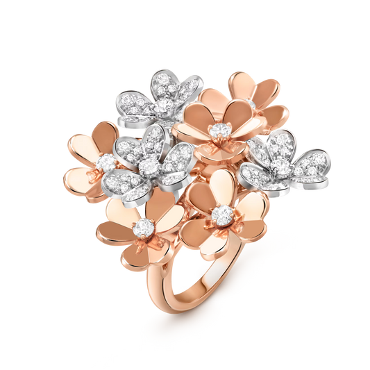 Frivole ring, 8 flowers, 18K rose gold, rhodium-plated 18K white gold, round diamonds.