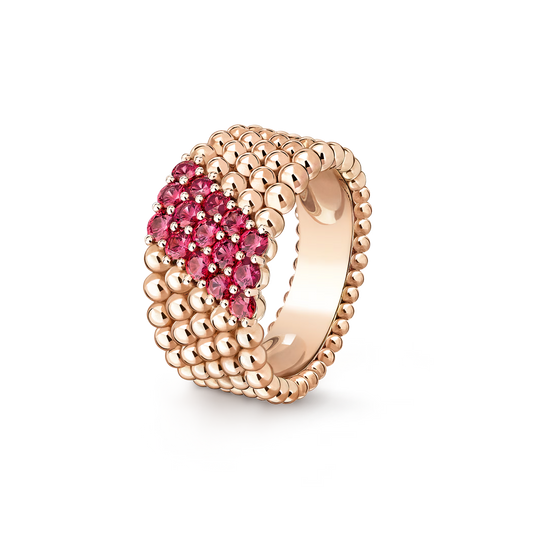 Perlée couleurs ring, 5 rows, 18K rose gold, round rubies.