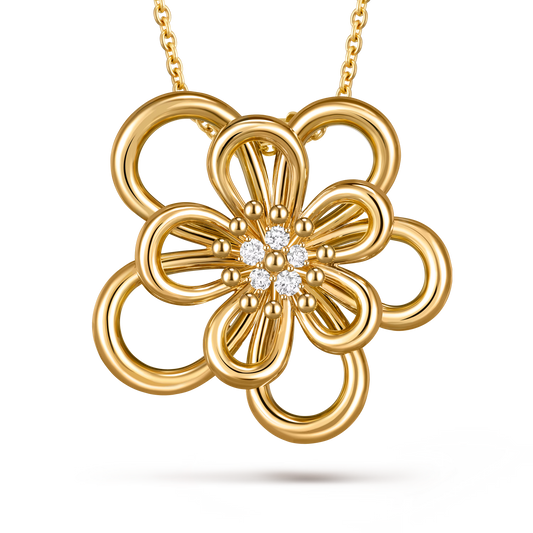 Sweet Flowerlace clip pendant, large model, yellow gold, round diamonds.