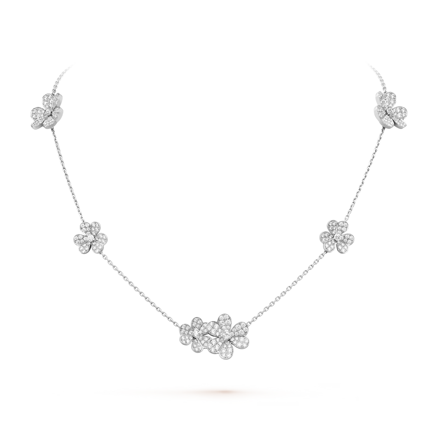 Frivole necklace, 9 flowers, rhodium plated 18K white gold, round diamonds.