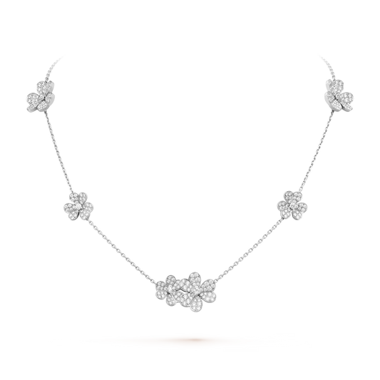 Frivole necklace, 9 flowers, rhodium plated 18K white gold, round diamonds.