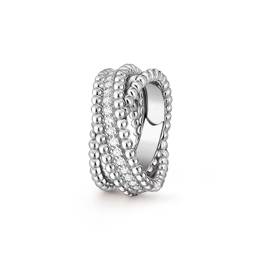 Perlée diamonds duo ring, rhodium plated 18K white gold, round diamonds.