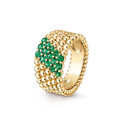 Perlée couleurs ring, 5 rows, 18K yellow gold, round emeralds.