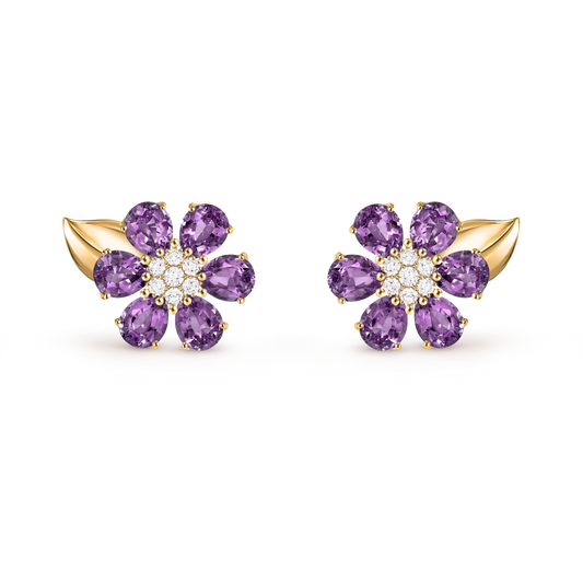 Fleurs d’Hawaï earrings, small model, 18K yellow gold, amethysts, round diamonds.