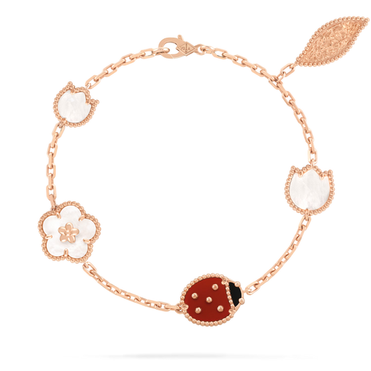 Lucky Spring bracelet, 5 motifs, 18K rose gold, white mother-of-pearl, carnelian, onyx.