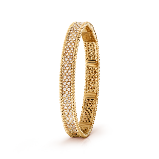 Perlée diamonds bracelet, 3 rows, 18K yellow gold, round diamonds, medium model.