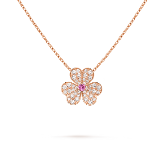 Frivole pendant, small model, 18K rose gold, round pink sapphire, round diamonds.