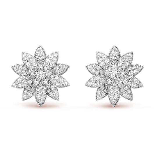 Lotus earrings, medium model, rhodium plated 18K white gold, round diamonds.