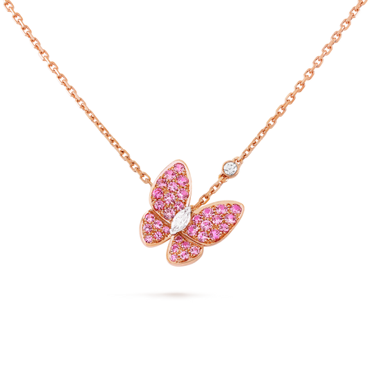 Two Butterfly pendant, 18K rose gold, rhodium plated 18K white gold, round and marquise-cut diamonds.