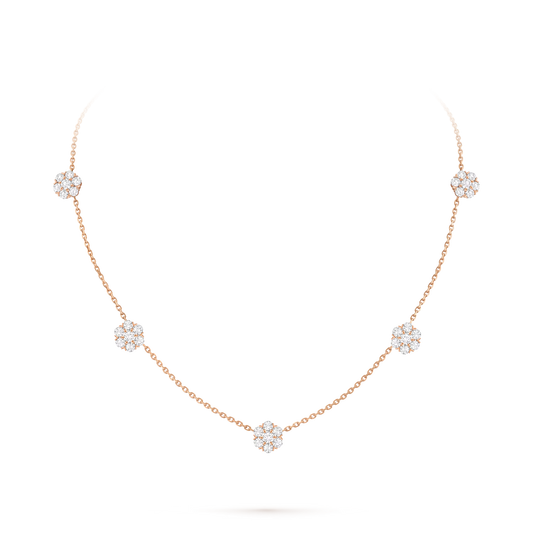 Fleurette necklace, 5 flowers, 18K rose gold, round diamonds.
