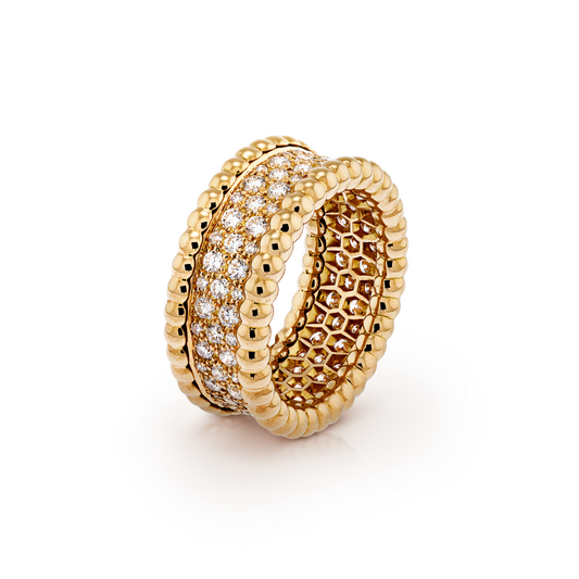 Perlée diamonds ring, 3 rows, 18K yellow gold, round diamonds.