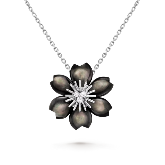Rose de Noël pendant, mini model, rhodium plated 18K white gold, gray mother-of-pearl, round diamonds.