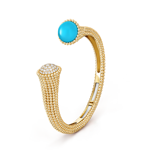 Perlée couleurs bracelet, 18K yellow gold, turquoise, round diamonds, medium model.