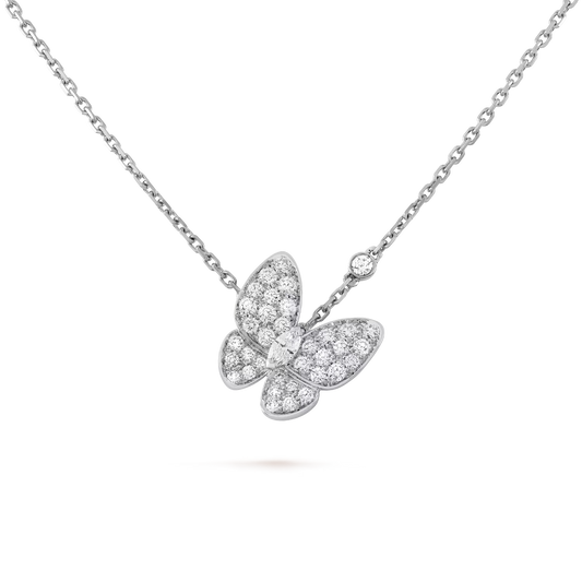 Two Butterfly pendant, rhodium plated 18K white gold, round and marquise-cut diamonds.