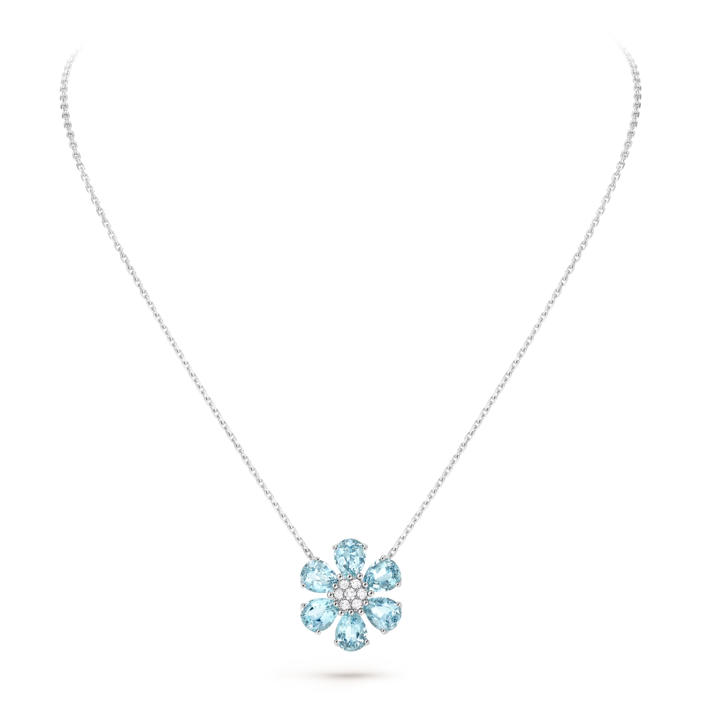 Fleurs d’Hawaï pendant, medium model, 18K white gold, aquamarines, round diamonds.