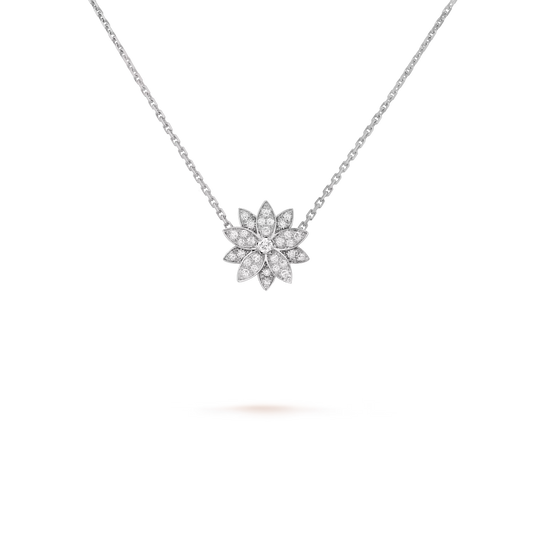 Lotus pendant, small model, rhodium plated 18K white gold, round diamonds.
