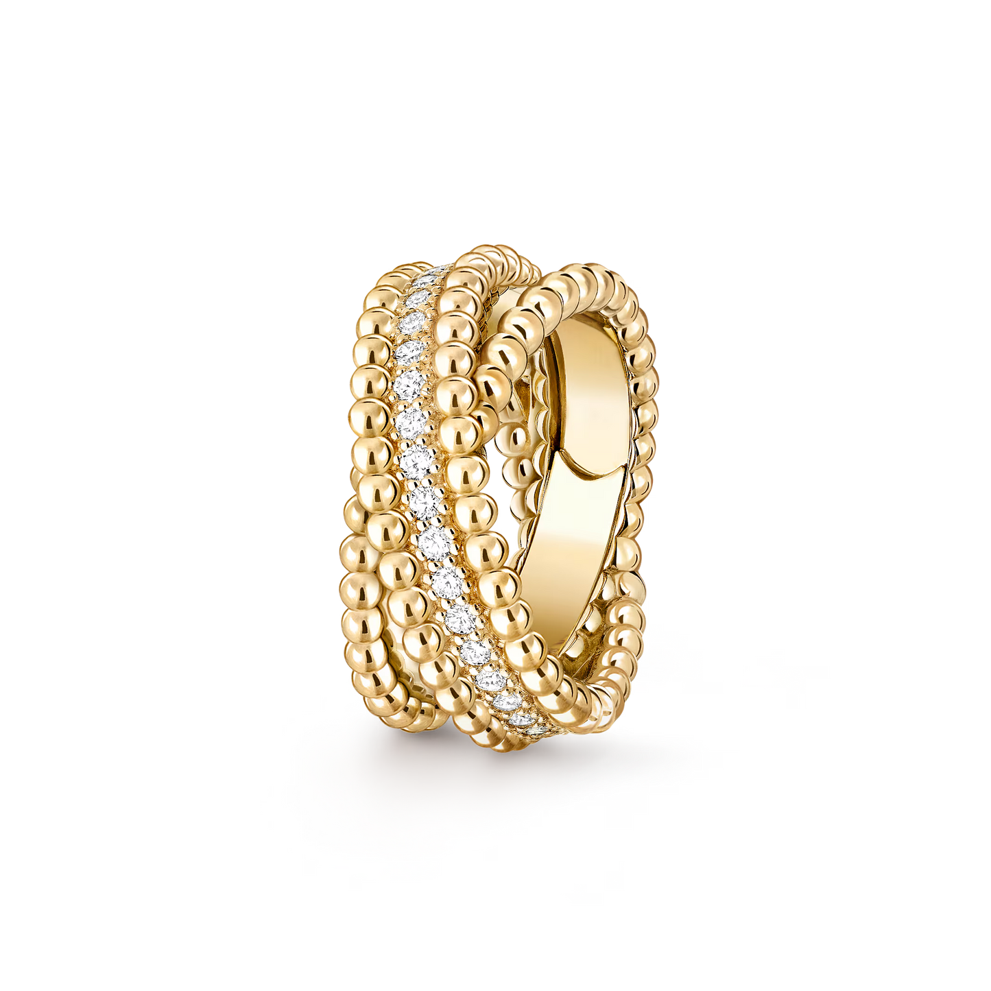 Perlée diamonds duo ring, 18K yellow gold, round diamonds.