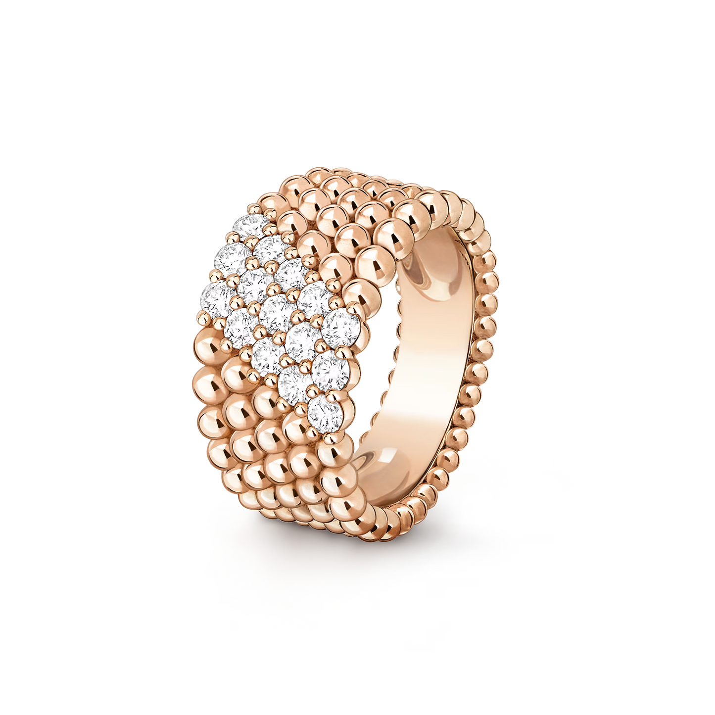 Perlée diamonds ring, 5 rows, 18K rose gold, round diamonds.