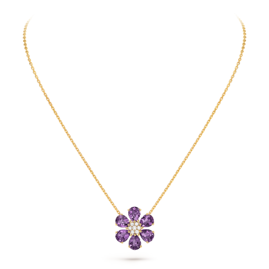 Fleurs d’Hawaï pendant, medium model, 18K yellow gold, amethysts, round diamonds.