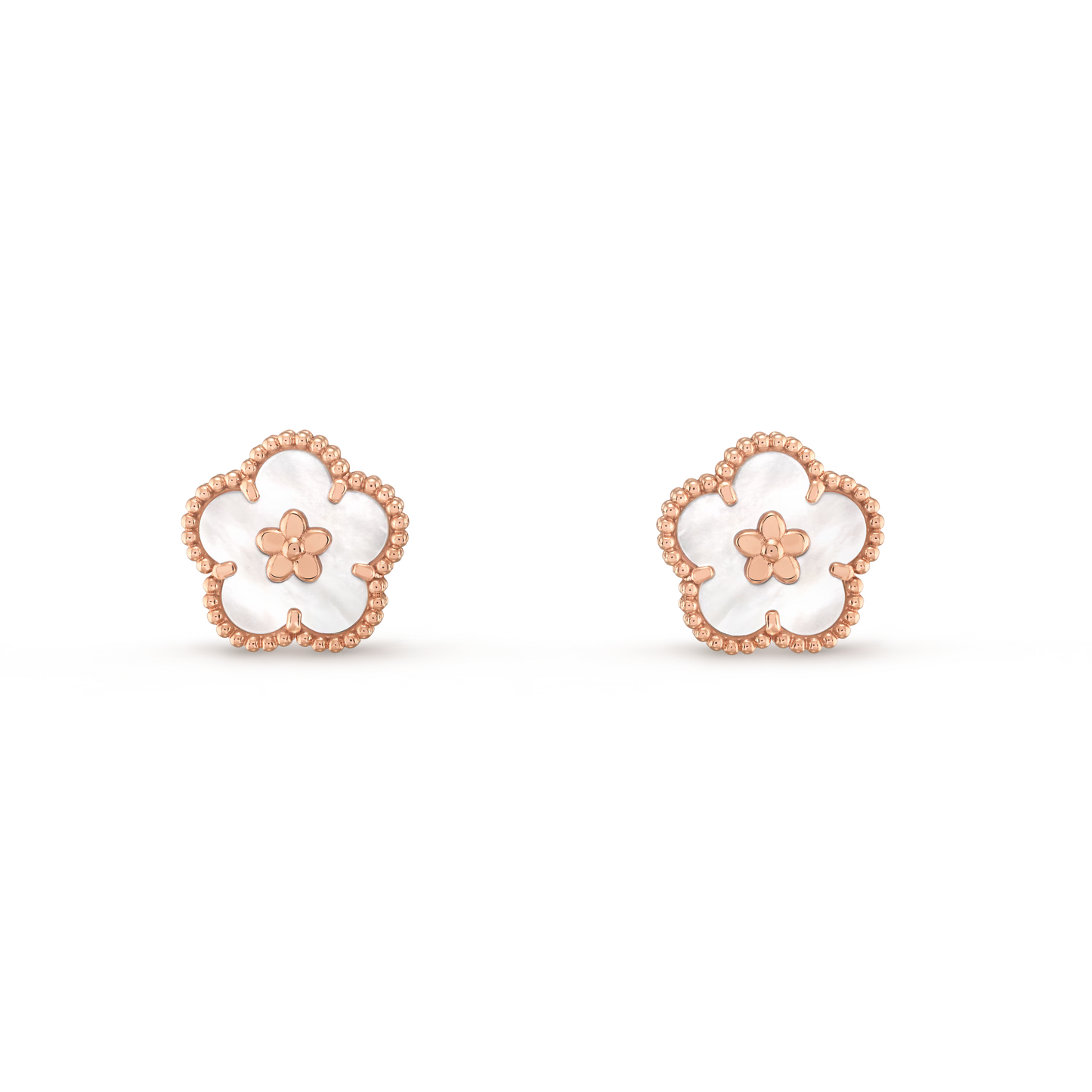 Lucky Spring earrings, plum blossom, 18K rose gold, white mother-of-pearl.