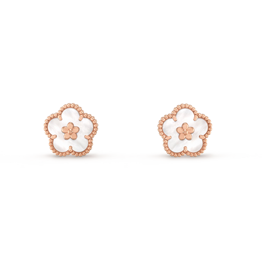 Lucky Spring earrings, plum blossom, 18K rose gold, white mother-of-pearl.