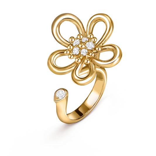 Flowerlace Between the Finger ring, small model, yellow gold, round diamonds.